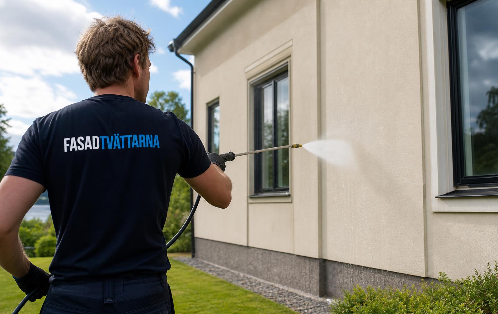 Fasadtvätt av villafasad med professionell utrustning i Dalarna
